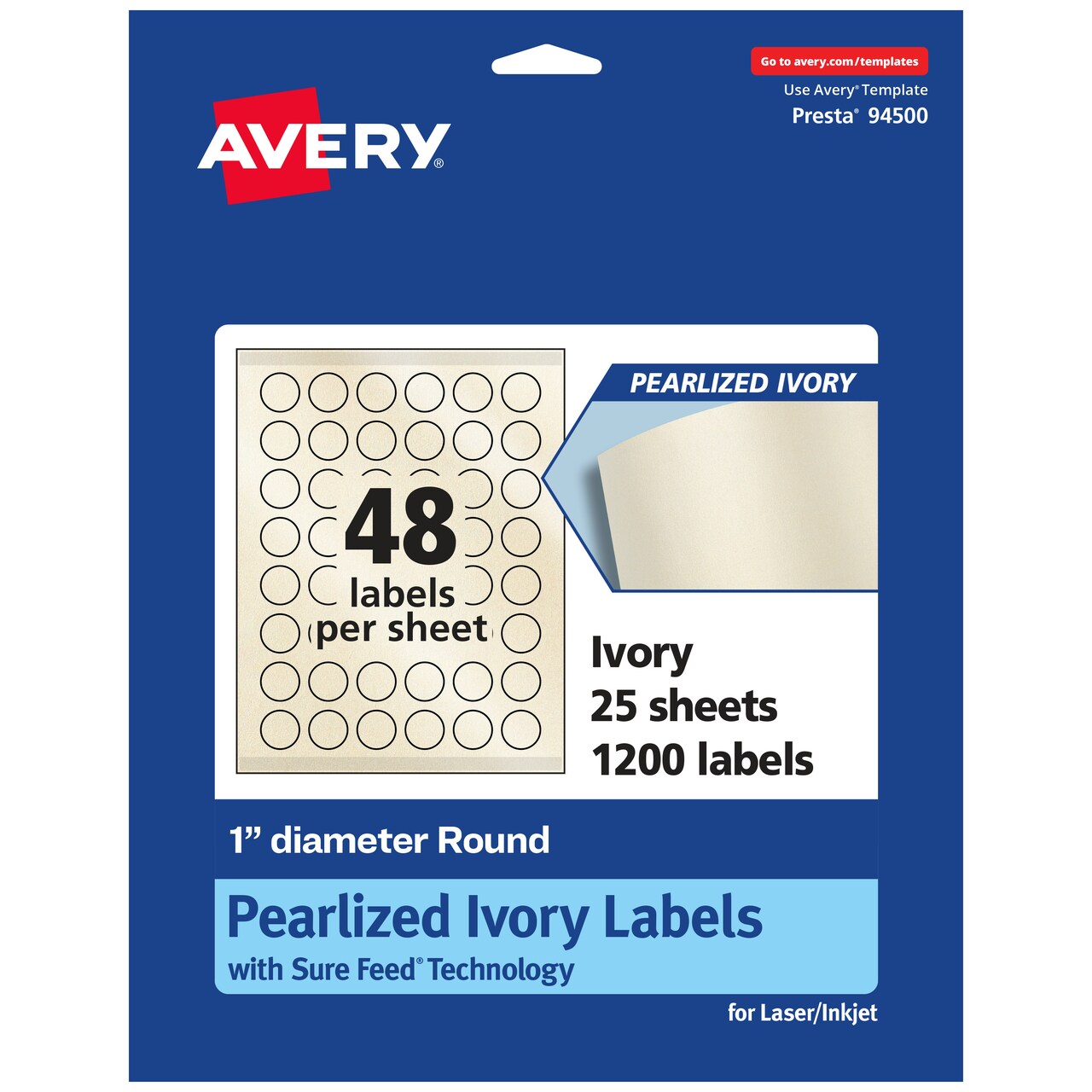Avery Pearlized Ivory Round Labels with Sure Feed Technology, Print-to-the-Edge, 1" diameter